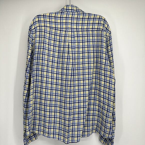 JOHNNIE-O Linen Button Down Shirt XL West Coast Prep Nautical Blue Plaid - Picture 8 of 10